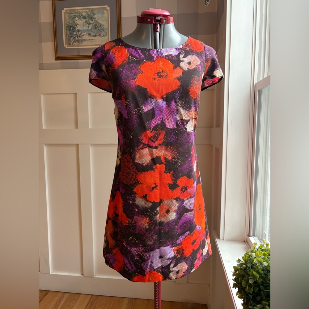 Milly Designer Structured Red, Purple & Black Floral Shift Dress Size 8